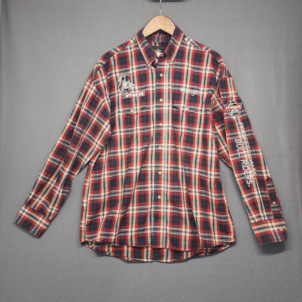 Wrangler PBR Shirt Mens Large Western Rodeo Button Down Red Plaid Embroidered